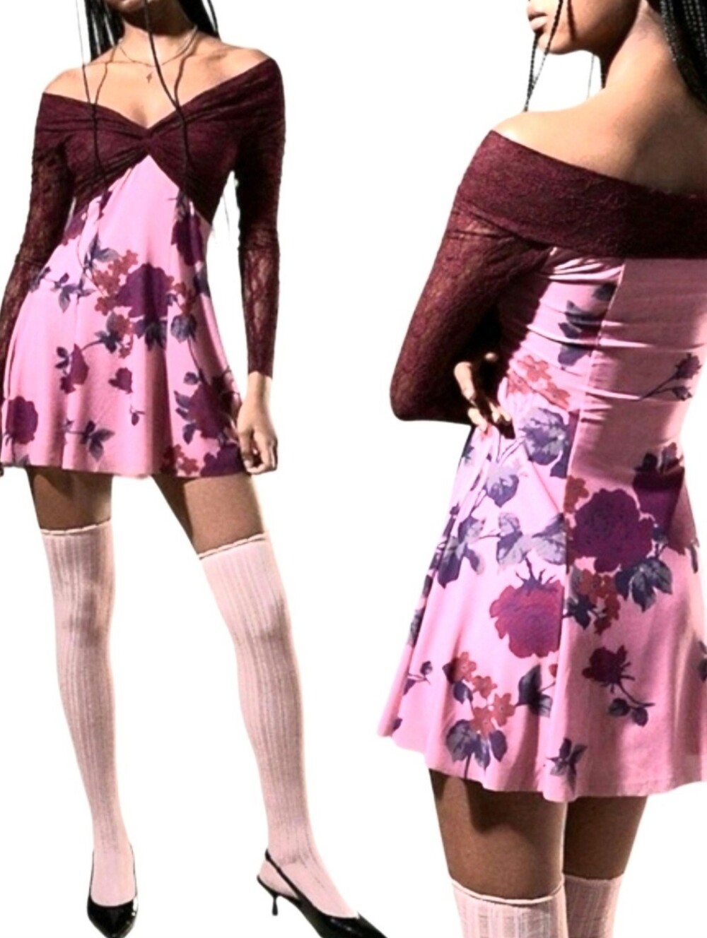 Urban Outfitters Kimchi Blue Sydney OTS Minidress Burgundy Lace Floral NWT Sz SM